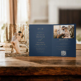 Invitación Tríptica Moderno Boda azul de la Marina de Oro de Dos Fotog