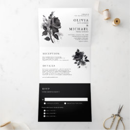 Invitación Tríptica Moderno Boda Minimalista de color de agua negro Ro