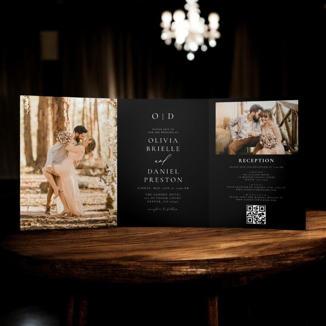 Invitación Tríptica Moderno Boda negro de dos fotos (Subido por el creador)