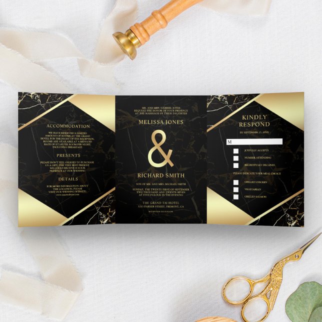 Invitación Tríptica Moderno Boda y admiradora de mármol de oro negro (Subido por el creador)