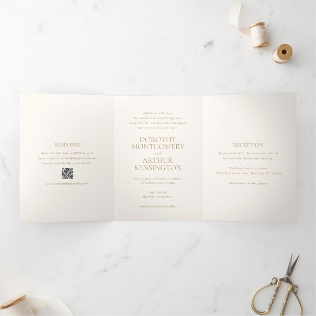 Invitación Tríptica Moderno código QR de marfil y oro matrimonio elega (Interior)