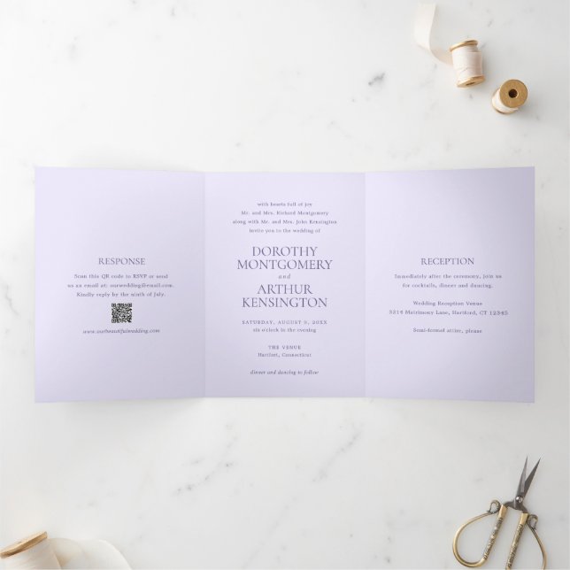 Invitación Tríptica Moderno código QR Lilac matrimonio elegante (Interior)