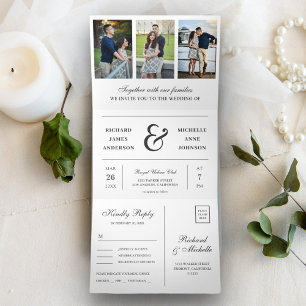 Invitación Tríptica Moderno Collage de Fotos de Boda Minimalista Blanc