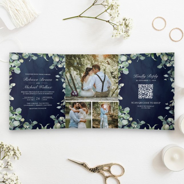 Invitación Tríptica Moderno Eucalyptus Código QR Boda azul de la Marin (Subido por el creador)