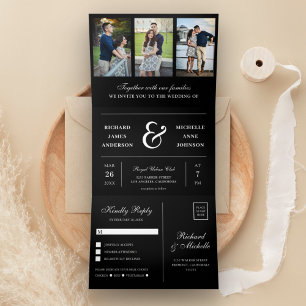 Invitación Tríptica Moderno Negro Minimalista Collage de Fotos de Boda