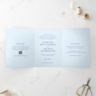 Invitación Tríptica Moderno Polvo Azul Código QR Boda Elegante