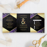 Invitación Tríptica Moderno Royal Purple Gold Marble Ampersand Boda<br><div class="desc">Aprovecha tu estancia con esta elegante invitación a la boda, con un hermoso diseño de mármol hexagonal de Relieve metalizado dorado y una moderna tipografía con tarjeta RSVP desmontable. Simplemente agregue los detalles de su evento en esta plantilla fácil de usar y adorne esta tarjeta con sus fotos favoritas para...</div>