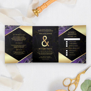 Invitación Tríptica Moderno Royal Purple Gold Marble Ampersand Boda