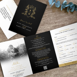 Invitación Tríptica Monograma boda de la corona de oro negro opción RS