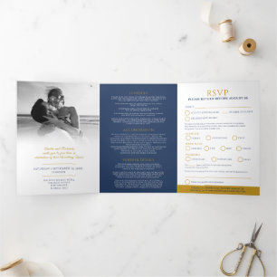 Invitación Tríptica Monograma boda de la hoja de oro azul oscuro RSVP