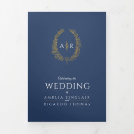 Invitación Tríptica Monograma boda de la hoja de oro azul oscuro RSVP
