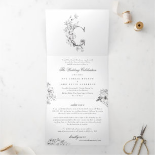 Invitación Tríptica Monograma 'C' Hermoso Boda floral esbozado