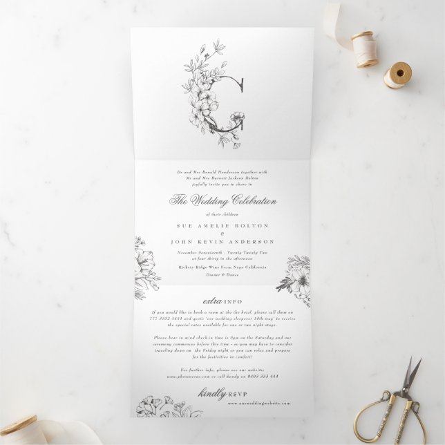 Invitación Tríptica Monograma 'C' Hermoso Boda floral esbozado (Interior)