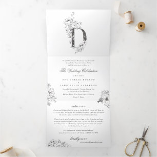 Invitación Tríptica Monograma 'D' Hermoso Boda floral esbozado
