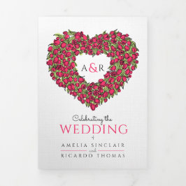 Invitación Tríptica Monograma de arte cardíaco de tulipanes rojos boda