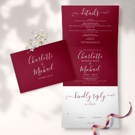 Invitación Tríptica Monograma de boda con letra elegante de Borgoña