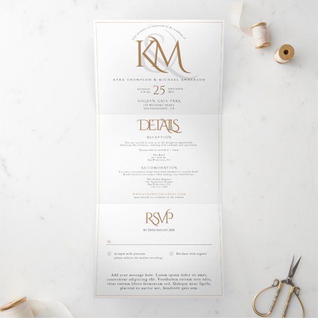 Invitación Tríptica Monograma De Oro Blanco Moderno Todo En Un Boda (Interior)