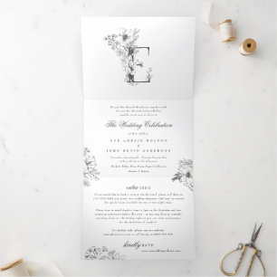 Invitación Tríptica Monograma 'E' Hermoso Boda floral esbozado