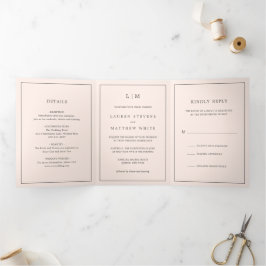 Invitación Tríptica Monograma elegante de rosa sonrosado simple para b