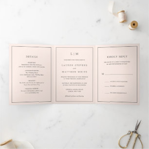 Invitación Tríptica Monograma elegante de rosa sonrosado simple para b