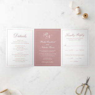 Invitación Tríptica Monograma fotográfico formal elegante Rosa Boda