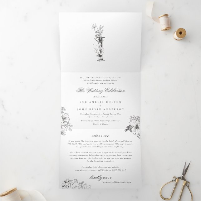 Invitación Tríptica Monograma Hermoso Boda floral esbozado (Interior)