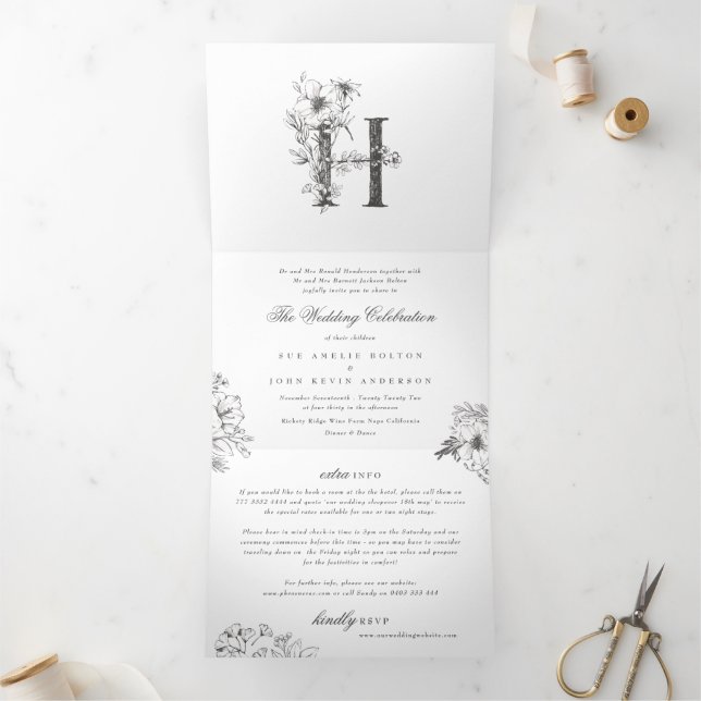Invitación Tríptica Monograma Hermoso Boda floral esbozado (Interior)