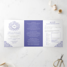 Invitación Tríptica Monograma hojas azules blancas boda