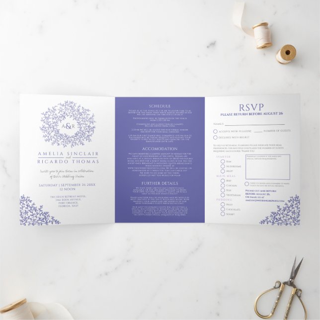 Invitación Tríptica Monograma hojas azules blancas boda (Interior)
