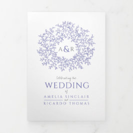 Invitación Tríptica Monograma hojas azules blancas boda