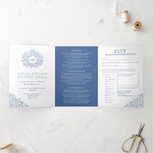 Invitación Tríptica Monograma hojas azules blancas boda todo en uno 