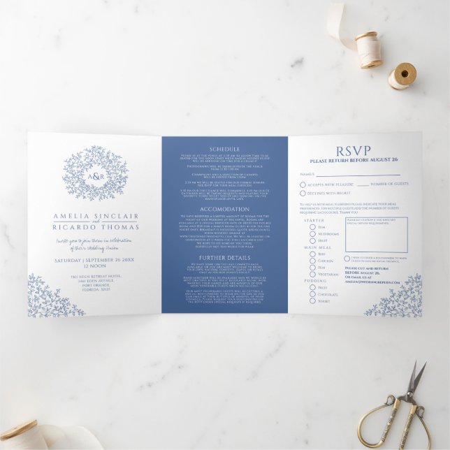 Invitación Tríptica Monograma hojas azules blancas boda todo en uno (Interior)