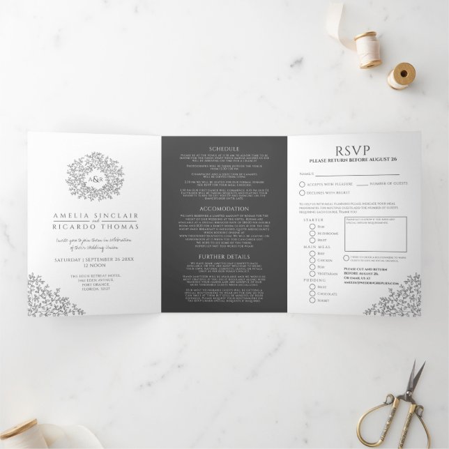 Invitación Tríptica Monograma hojas boda todo en uno (Interior)