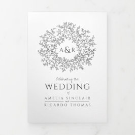 Invitación Tríptica Monograma hojas boda todo en uno