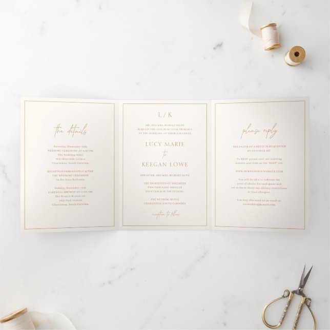 Invitación Tríptica Monograma incansable marfil y matrimonio con elega (Interior)