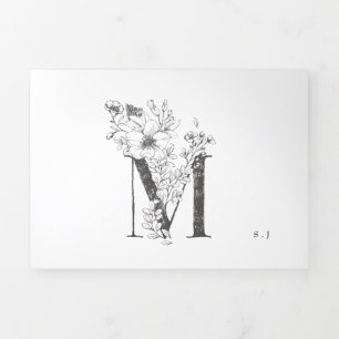 Invitación Tríptica Monograma M Hermoso Boda floral esbozado