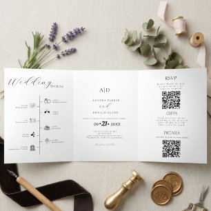 Invitación Tríptica Monograma Minimalista moderno Boda blanco y negro