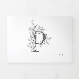 Invitación Tríptica Monograma 'P' Hermoso Boda floral esbozado