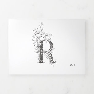 Invitación Tríptica Monograma 'R' Hermoso Boda floral esbozado