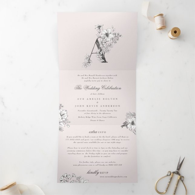 Invitación Tríptica Monograma rosa 'A' Boda floral de esbozo bonito (Interior)