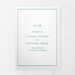 Invitación Tríptica Monograma Simple Elegante Verde Esmeralda para Bod