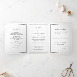 Invitación Tríptica Monograma simple en blanco y negro todo en un Boda