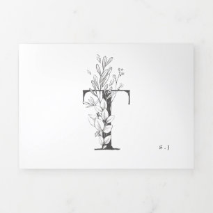 Invitación Tríptica Monograma 'T' Hermoso Boda floral esbozado