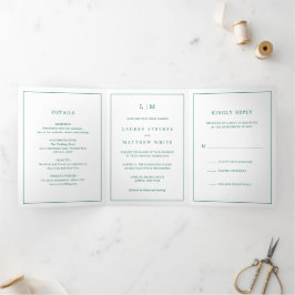 Invitación Tríptica Monograma verde esmeralda simple matrimonio elegan
