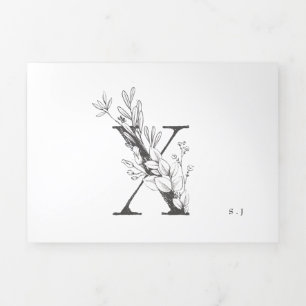 Invitación Tríptica Monograma 'X' Hermoso Boda floral esbozado