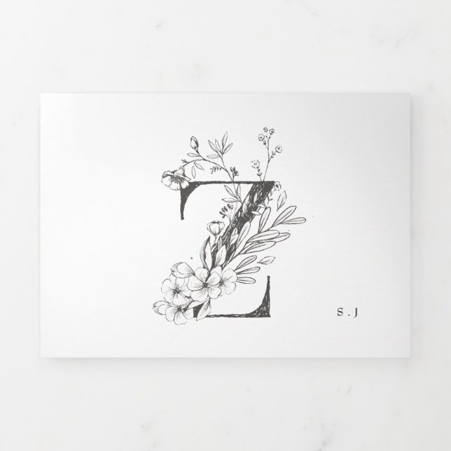 Invitación Tríptica Monograma Z Hermoso Boda floral esbozado (Foto de portada)