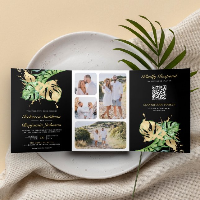 Invitación Tríptica Monstera Tropical Palma Negra Código QR Dorado Bod (Subido por el creador)