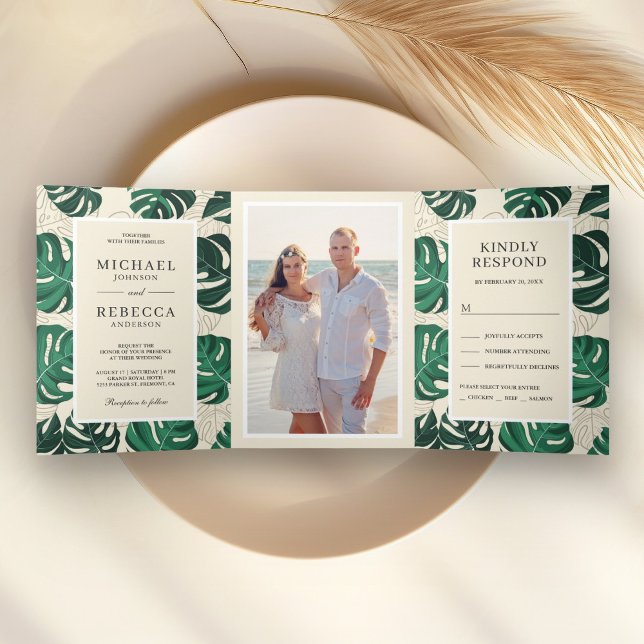 Invitación Tríptica Monstera tropical verde y beige deja Boda (Subido por el creador)