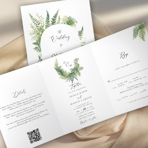 Invitación Tríptica Montaña boscosa encantada Fern Boho Arch Boda