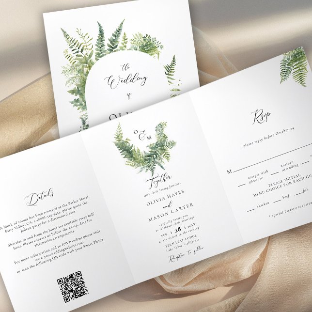 Invitación Tríptica Montaña boscosa encantada Fern Boho Arch Boda (enchanted forest wedding invitation botanical boho arch fern outdoors mountains sage all one trifold)